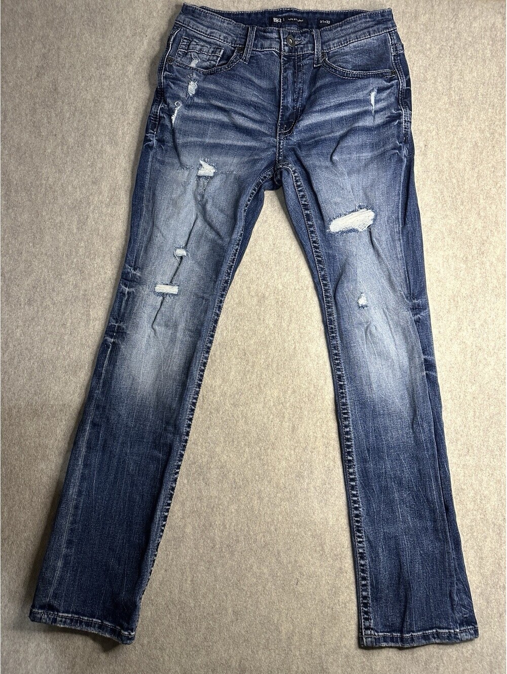 BKE JAKE Jeans Mens 31x32 Straight Stretch Distressed Whiskered Dark Wash